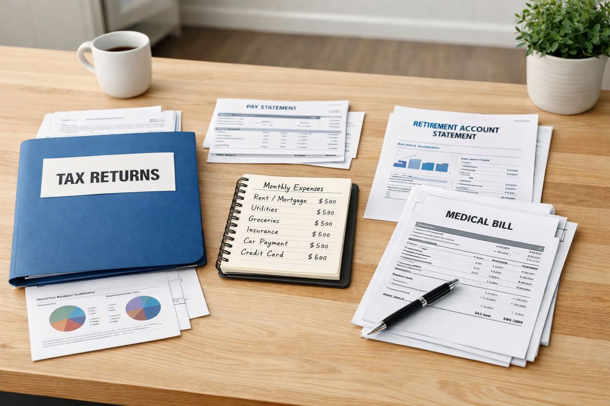 A kitchen table covered with neatly arranged financial papers, a folder of tax returns, recent pay stubs, a notebook with handwritten expense notes, retirement account statements, and a stapled stack of medical bills beside a pen.