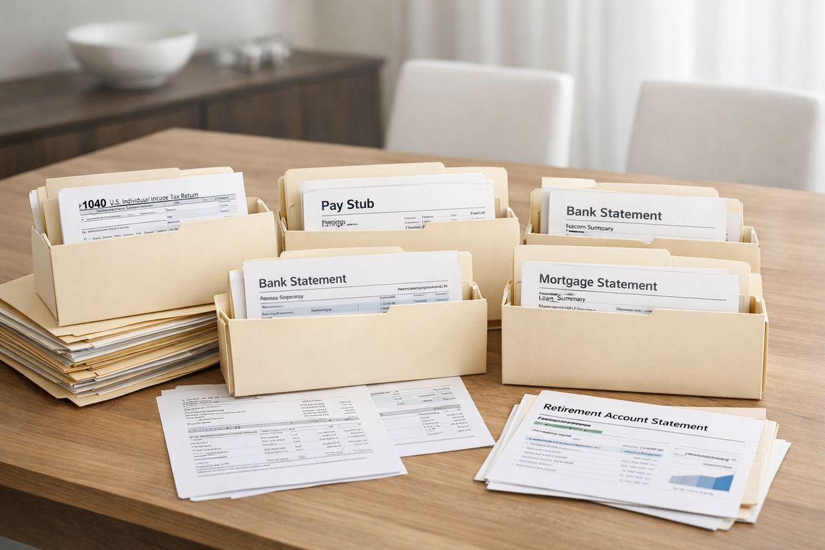 Several neatly stacked file folders spread across a dining table, with printed tax returns, pay stubs, bank statements, mortgage papers, and retirement account statements partially pulled out