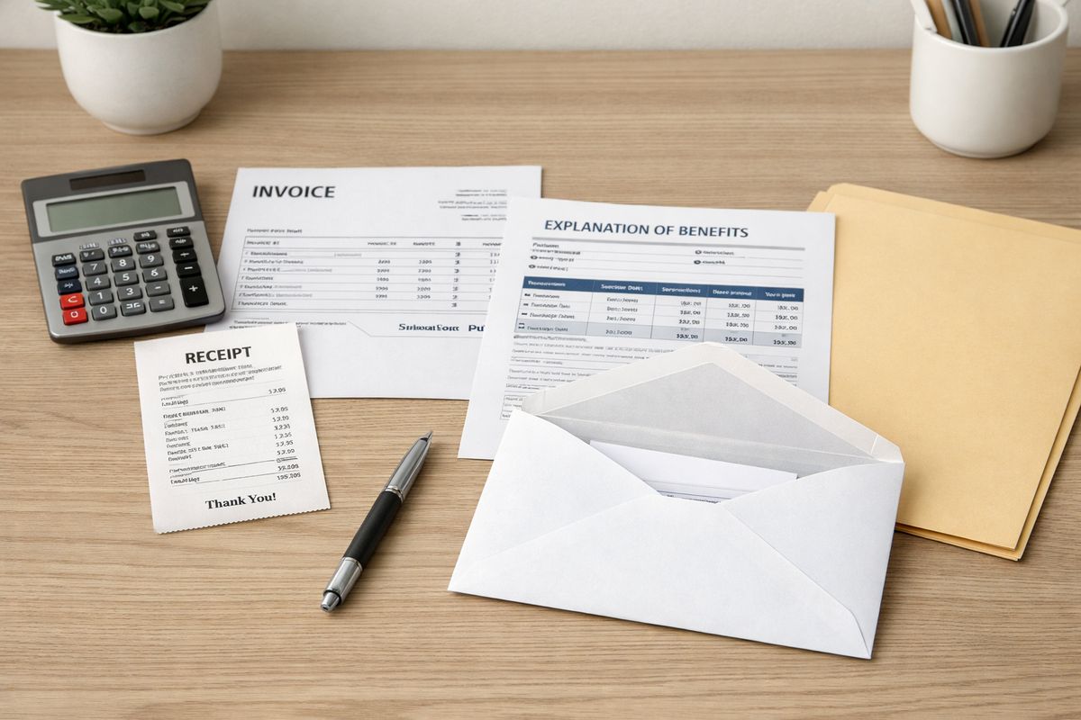 A neatly arranged home desk with an invoice, a receipt, an insurance explanation of benefits sheet, a calculator, and a manila folder, with a pen placed next to an open envelope ready to mail reimbursement paperwork