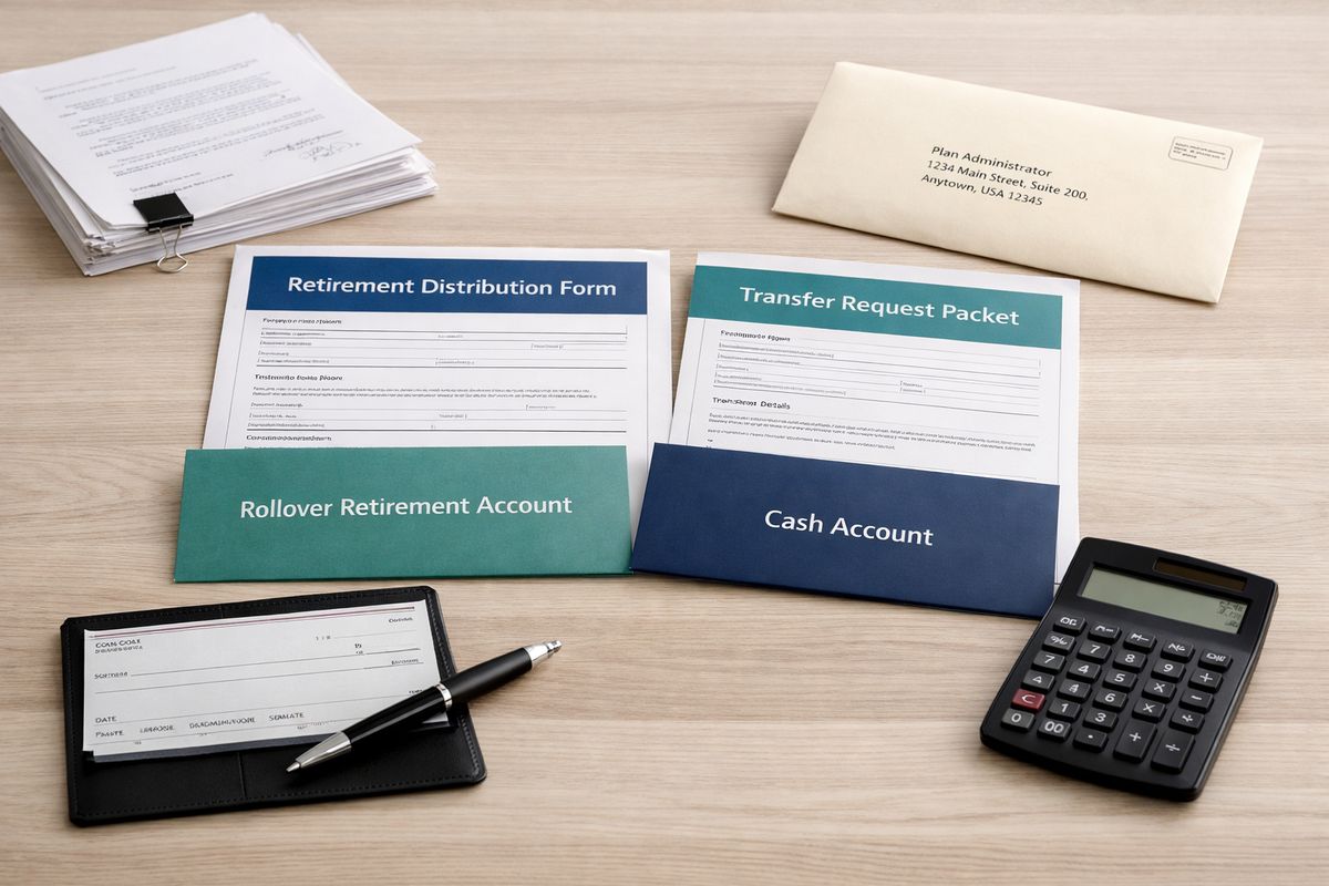 A retirement distribution form and a transfer request packet laid out next to two account-opening envelopes, one for a rollover retirement account and one for a regular cash account, with a checkbook, a pen, and a calculator nearby. In the background is a neat stack of signed court papers and an unopened envelope addressed to a plan administrator.