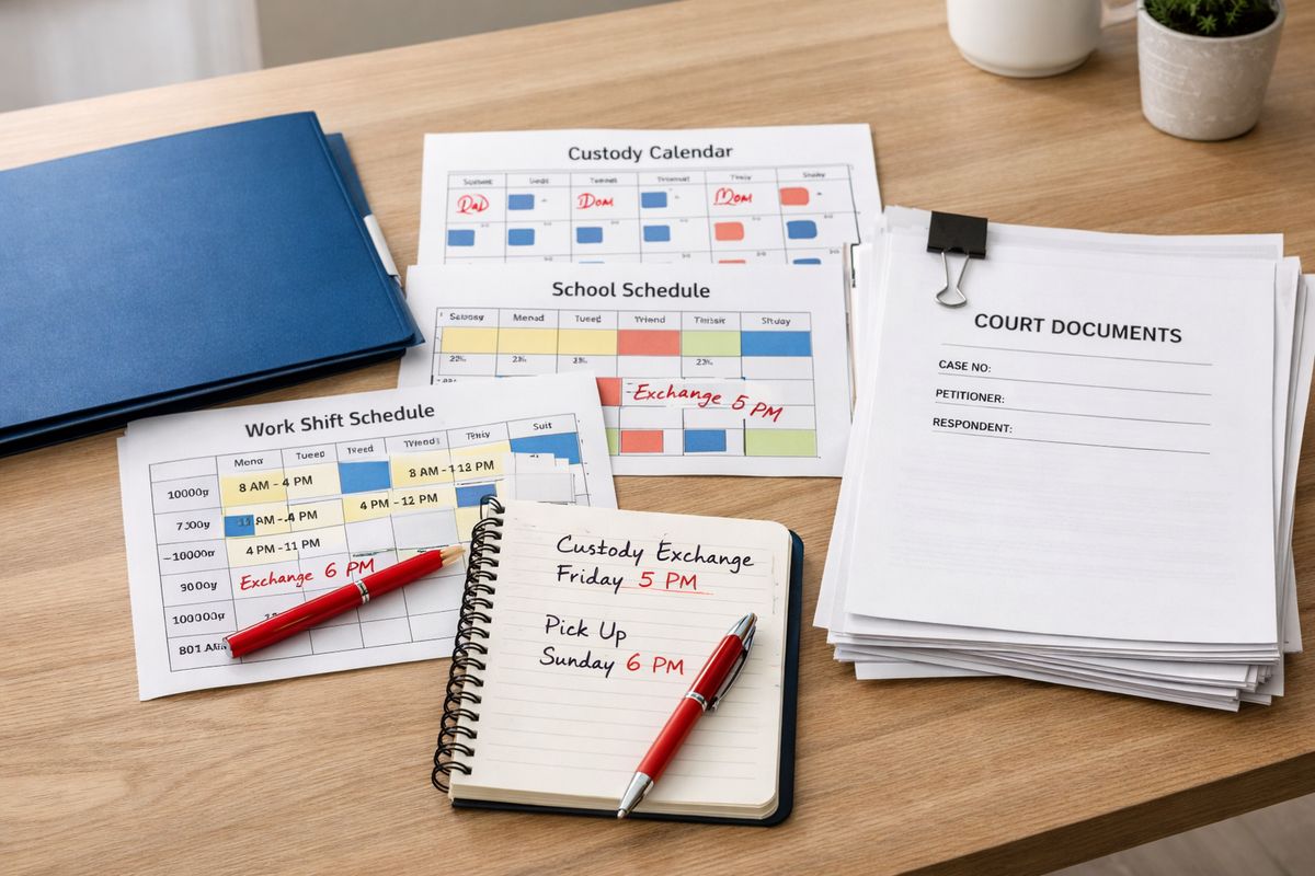 A folder, calendars, school schedules, work shift printouts, and a notebook arranged on a kitchen table, with a pen marking exchange times and custody dates, next to a stack of court paperwork ready for review