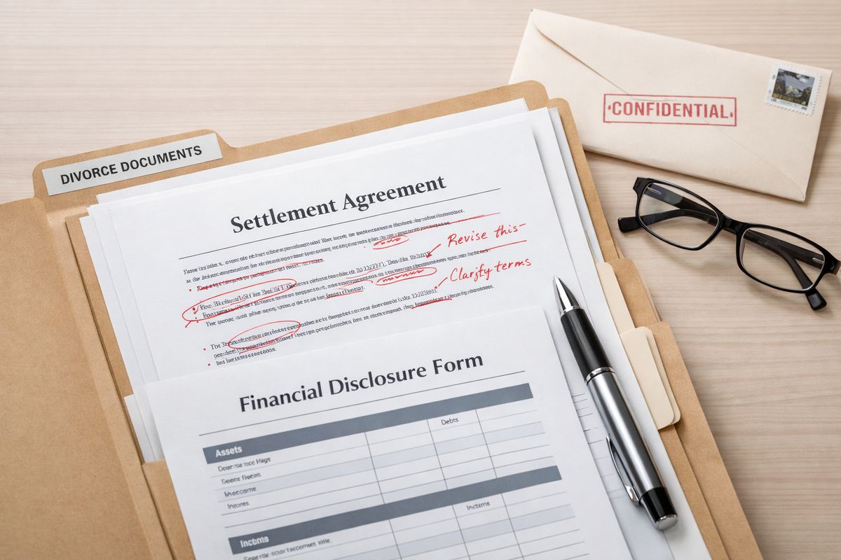 A close-up of a folder with divorce forms, a marked-up settlement agreement, a financial disclosure sheet, and a pen beside a pair of reading glasses, with a stamped envelope and neatly organized papers showing a partial review workflow rather than a full legal file