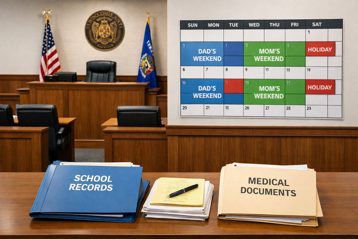 A Wisconsin family courtroom with a judge’s bench, two parent seating areas, and a large wall calendar showing alternating weekends and holiday blocks, with folders of school records and medical documents placed on a table in the foreground.