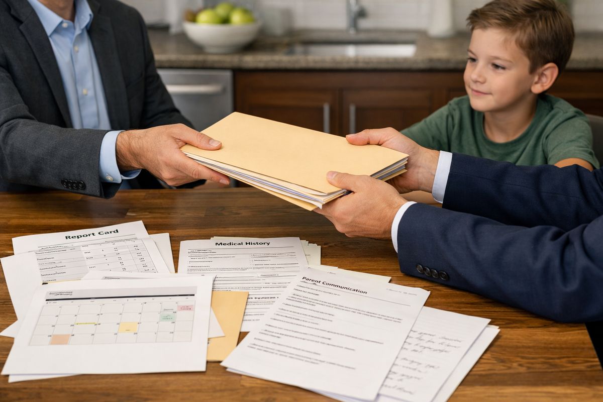 A home kitchen table covered with school report cards, medical forms, a calendar, and printed messages, while an adult hands over a folder of records to another attorney and a child sits nearby during a calm interview, illustrating the information gathering and record review that can happen when a guardian ad litem is assigned.