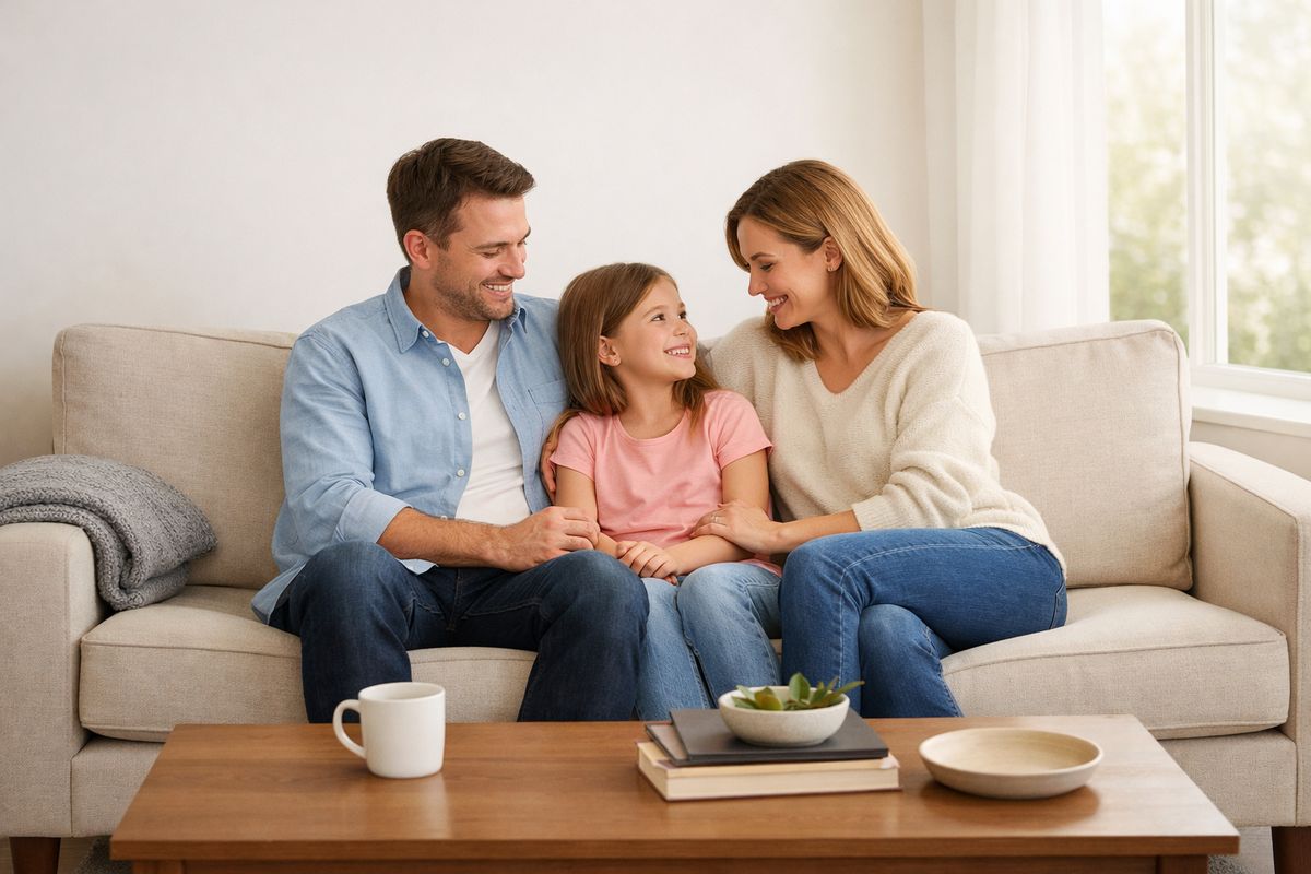 A comfortable living room with a couch, a folded blanket on the armrest, a coffee table, and sunlight coming through a window, with a family sitting together in a private, calm space and no signs of rushing out the door