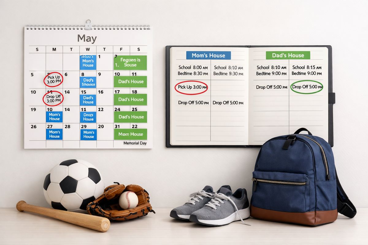 A wall calendar beside a weekly planner open to alternating custody blocks, with school start times, bedtime notes, sports equipment, a backpack, and a pair of shoes placed near marked pickup and drop-off times