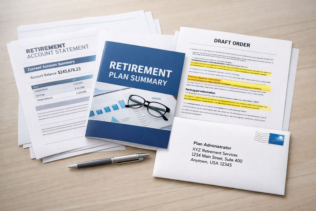 A stack of retirement-plan paperwork spread across a table, including a current account statement, a plan summary booklet, a draft order with sections highlighted, and an envelope ready to be sent to a plan administrator, illustrating the process of identifying the plan, matching its rules, and submitting the order for review