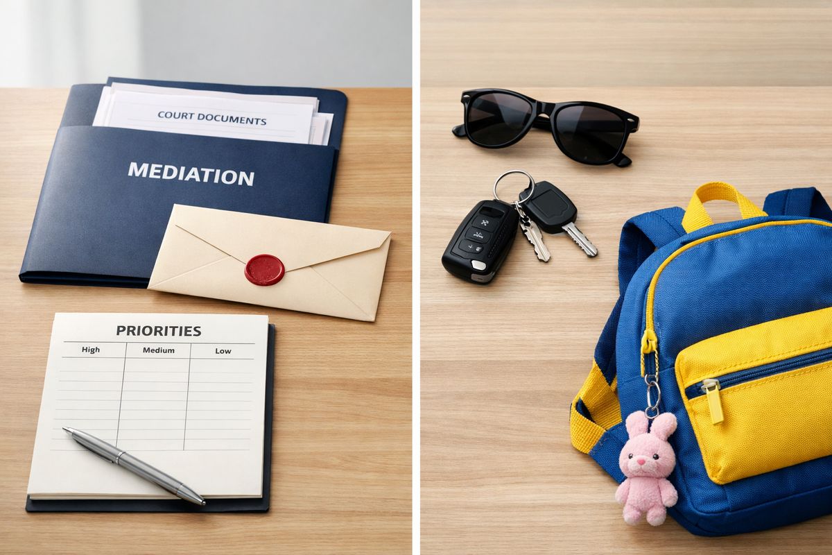 A split tabletop scene showing one side with a neat folder of court papers, a sealed envelope, and a notepad with three columns for priorities, and the other side with a pair of sunglasses, a set of car keys, and a child’s backpack, suggesting a careful decision about whether to proceed with mediation