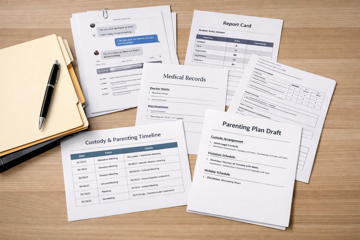A lawyer’s desk covered with organized child-related documents, including text message printouts, school report cards, medical records, a timeline sheet, and a drafted parenting plan laid out next to a pen and folder