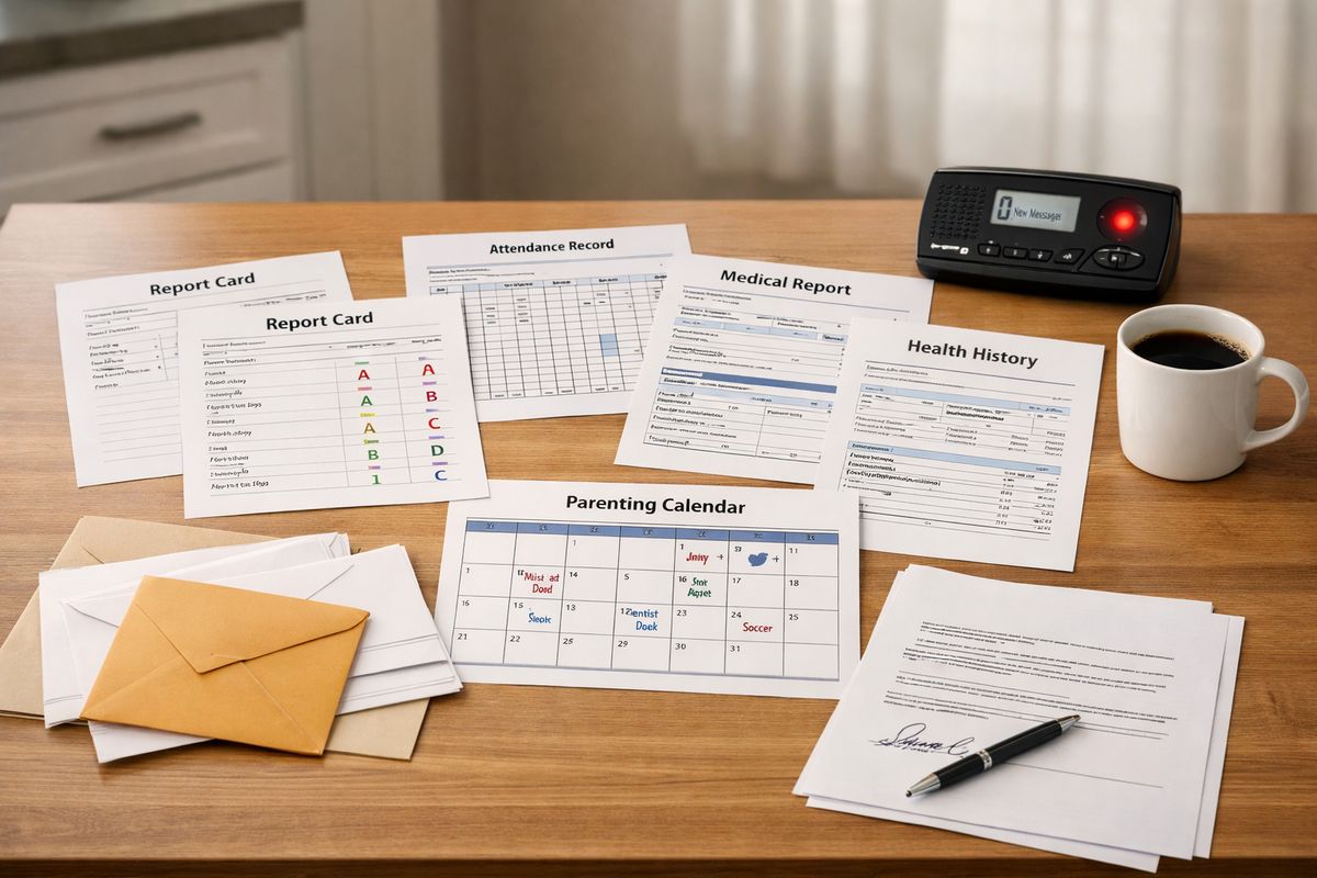 A kitchen table covered with neatly arranged report cards, school attendance sheets, medical records, a parenting calendar, envelopes, and a signed release form, with a mug of coffee and a voicemail message light blinking on a nearby answering machine, illustrating the document-heavy GAL review process