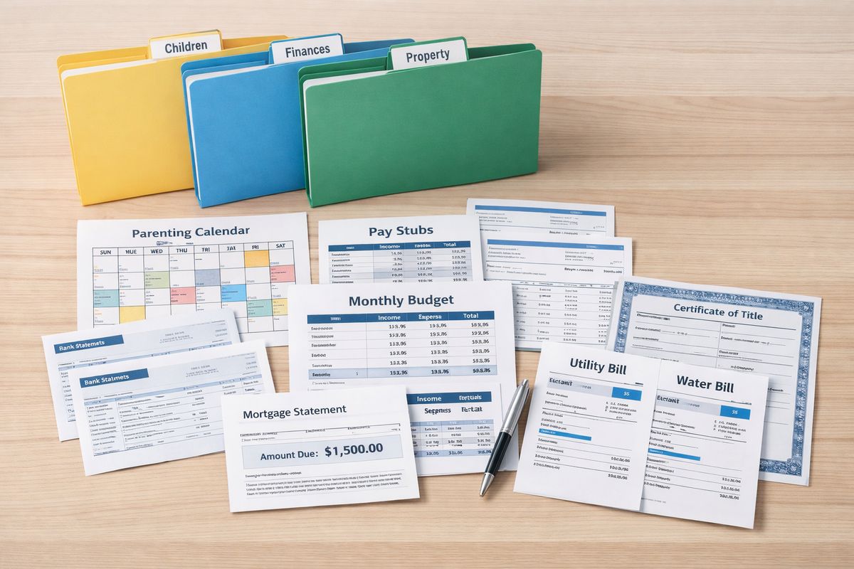 A neatly organized set of documents on a table: a parenting calendar, pay stubs, a monthly budget sheet, bank statements, a mortgage bill, utility bills, and a vehicle title next to folders separated into children, finances, and property.