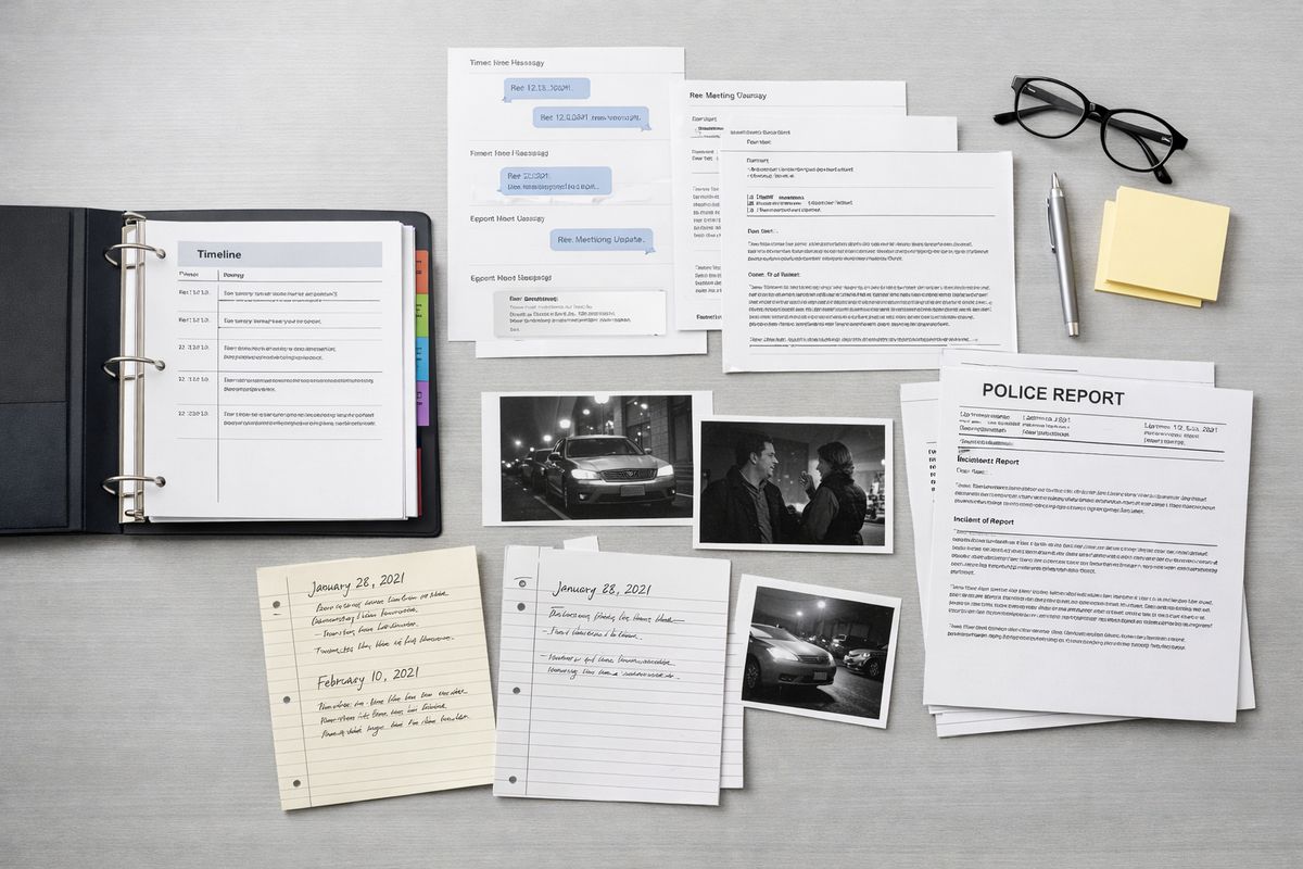 A neatly organized tabletop covered with printed text messages, email pages, dated notes, photographs, police report copies, and a three-ring binder divided into sections, with some pages arranged in chronological order