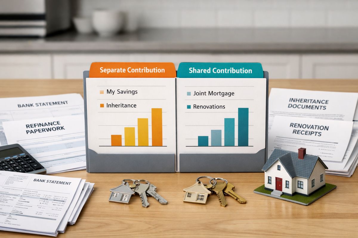 A kitchen table covered with organized financial records, including bank statements, refinance papers, inheritance paperwork, and renovation receipts, with two sets of house keys and a small model home placed beside a folder divider showing separate and shared contributions to the property.