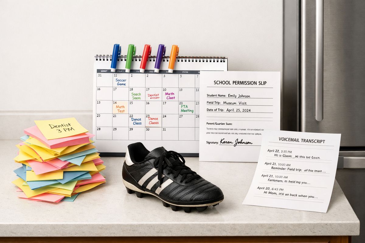 A stack of scattered sticky notes, a wall calendar with several overlapping colored markers, a school permission slip, a soccer cleat, and a voicemail transcript page beside a refrigerator, showing a messy family schedule being sorted into order.