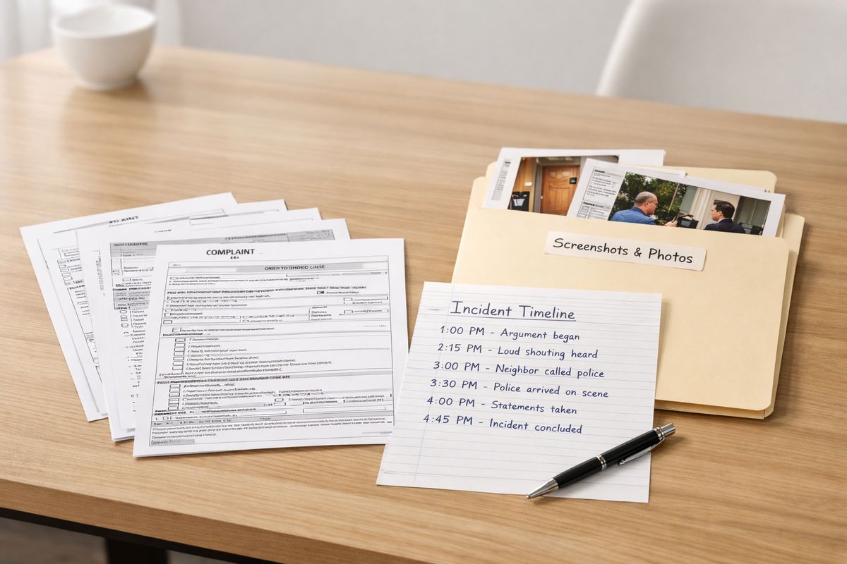A kitchen table covered with printed court forms, a handwritten incident timeline on lined paper, a folder of saved screenshots and photos, and a pen beside the paperwork