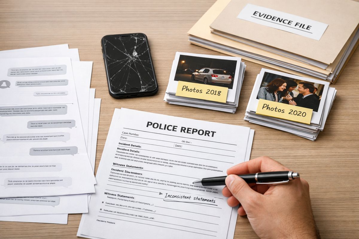 A close view of a kitchen table covered with printed text messages, a cracked phone, a police report, dated photographs, and a pen marking notes beside the papers, with evidence arranged in neat stacks for a court filing