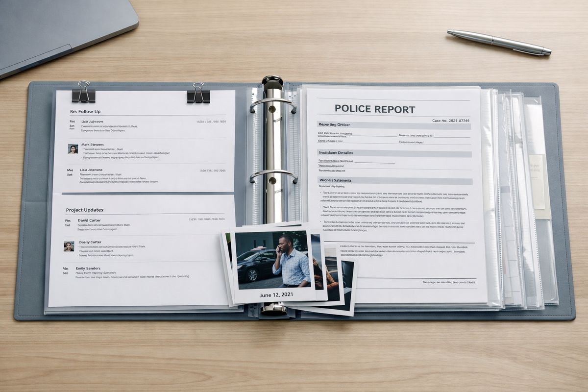 A binder open on a desk with clipped printed email threads, a stack of dated photos, a police report copy, and several clear plastic sleeves holding documents arranged in neat order