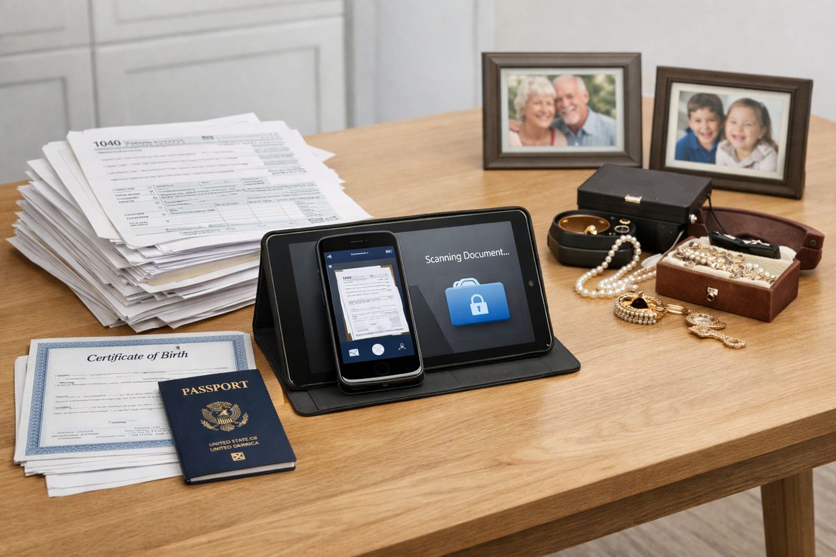 A kitchen table covered with a stack of tax returns, bank statements, a birth certificate, a passport, and a phone scanning papers into a secure folder on a tablet, with a home inventory video being recorded beside jewelry and framed photos