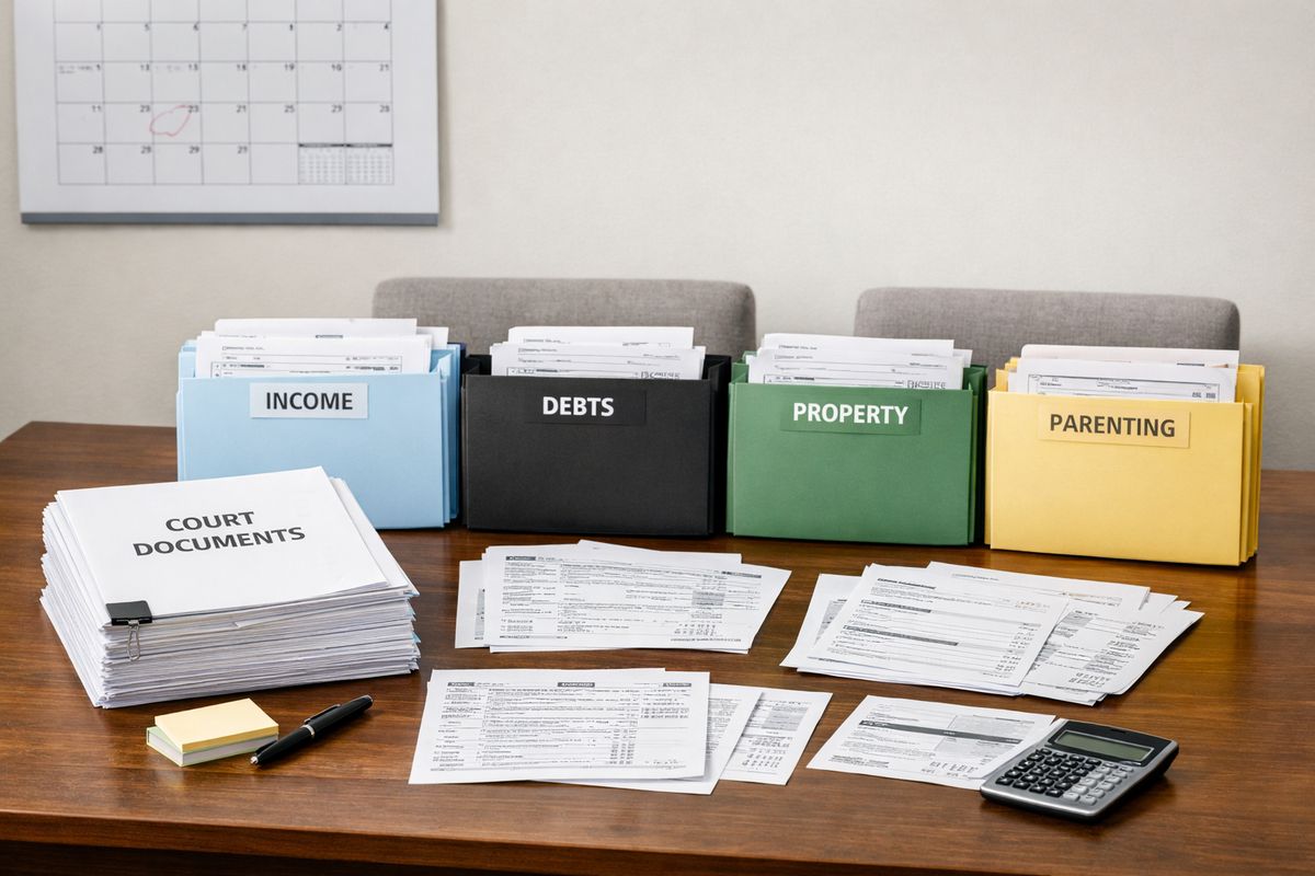 A dining table covered with neatly sorted financial papers, tax returns, bank statements, pay stubs, and folders arranged into piles for income, debts, property, and parenting records, with a wall calendar and a thick packet of court documents nearby.