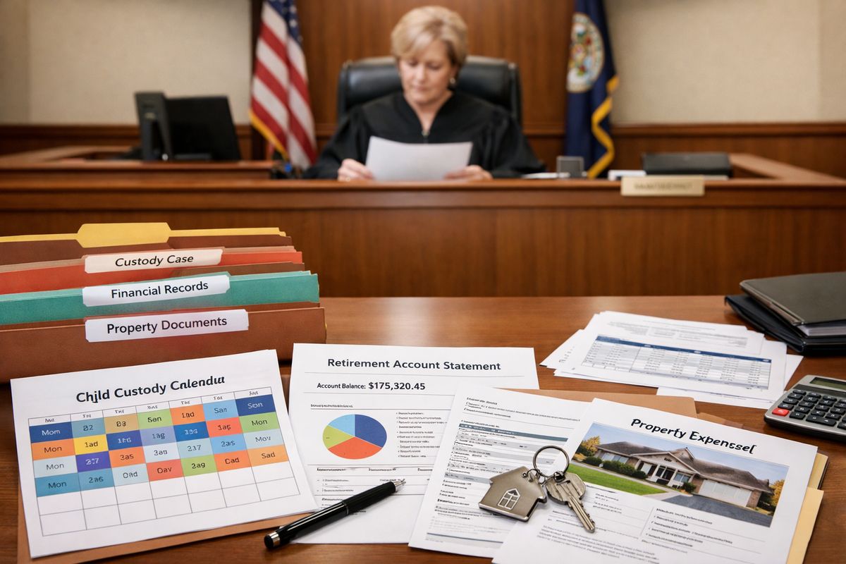 A family court hearing room where a judge reviews organized evidence folders, financial statements, a child custody calendar, and property documents spread across the attorneys' tables, with a house key and retirement account statements visible among the papers