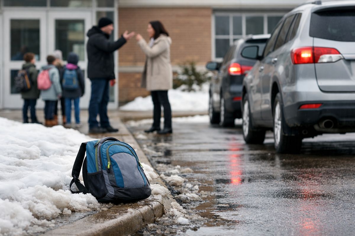 A school pickup lane in winter with a backpack dropped on a slushy curb beside a row of idling cars, while two adults argue across the parking lot as children wait nearby near the school entrance.