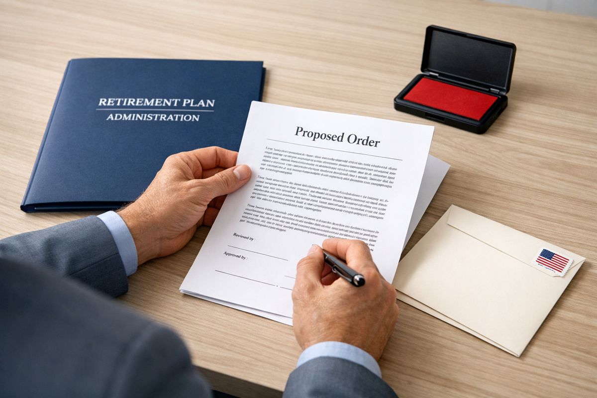 A close-up of a retirement plan administrator reviewing a proposed order on paper, with an official folder, a stamp pad, and a separate envelope ready for mailing back approved documents, illustrating the step-by-step review and approval process.