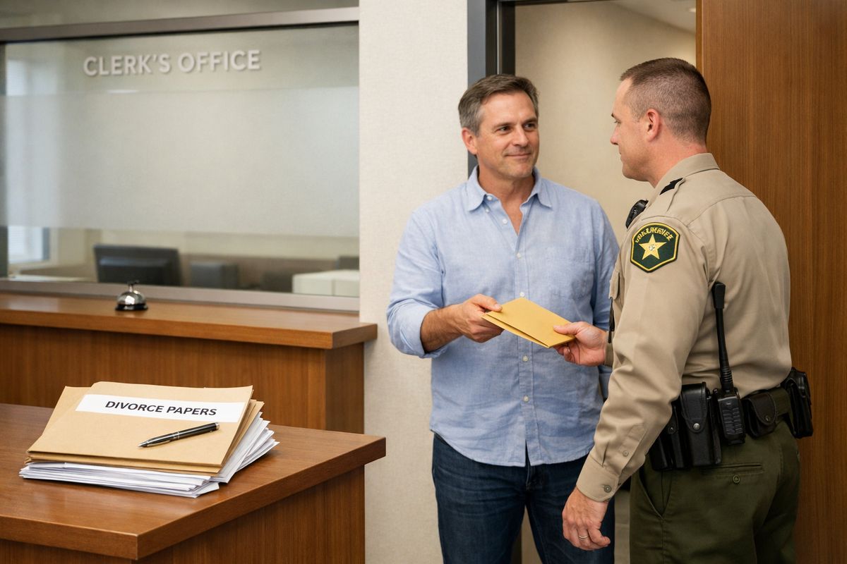A courthouse hallway with a clerk’s counter, a stack of divorce documents in a folder, and a sheriff’s deputy handing an envelope of papers to a homeowner standing in a doorway