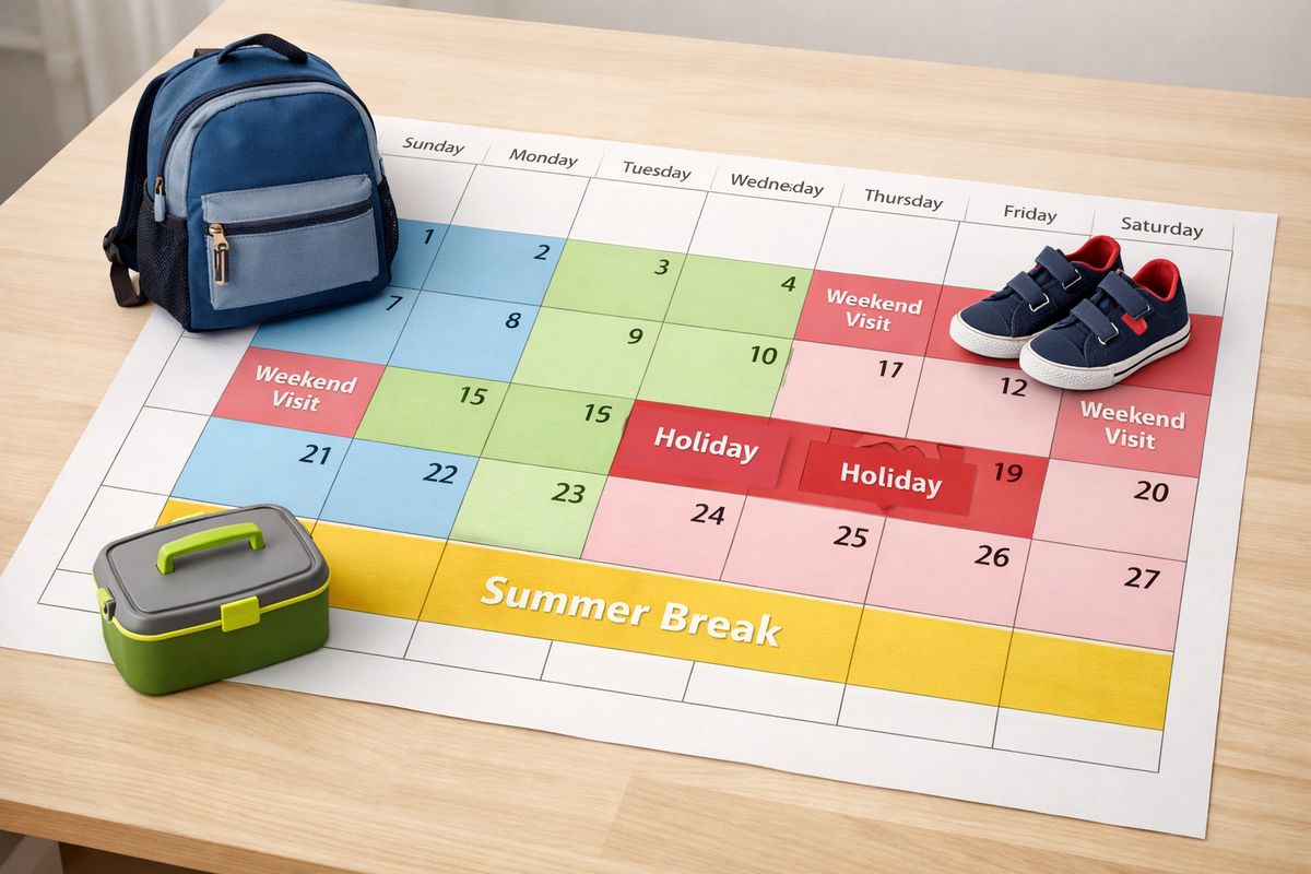 A large paper calendar spread across a table with color-coded blocks for alternating weeks, weekend visits, holiday segments, and summer time, alongside a backpack, a pair of sneakers, and a lunchbox placed near different dates to show a child moving between two homes under different schedule patterns.
