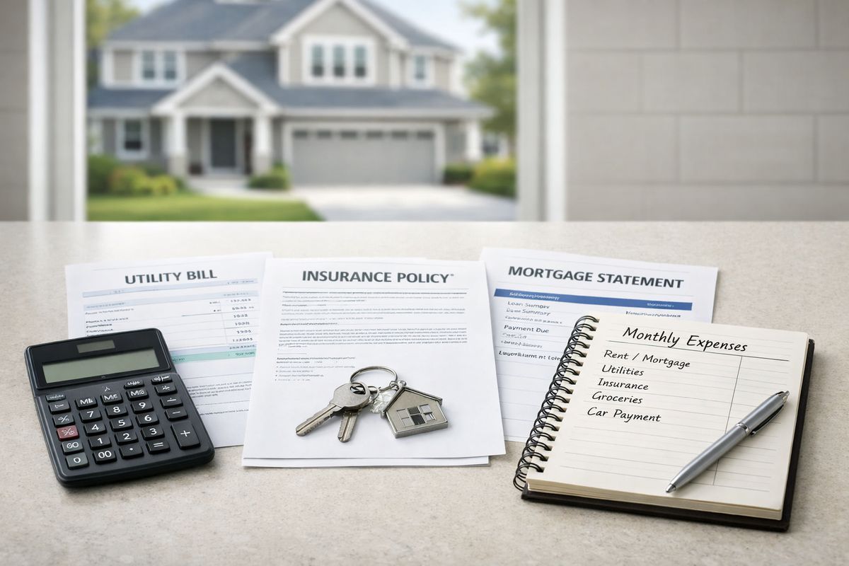 A suburban house in the background with a calculator, utility bills, insurance paperwork, a mortgage statement, and a set of house keys laid out on a kitchen counter next to a notebook of monthly expenses