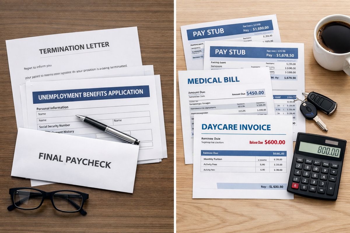 A split visual scene with a termination letter and unemployment paperwork on one side, and on the other side new pay stubs, a medical bill, and a daycare invoice spread across a desk, illustrating the kinds of major life changes that can affect support.