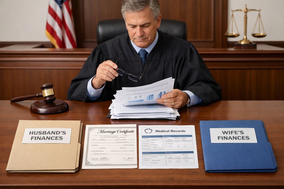 A courtroom bench scene with a judge reviewing a stack of financial papers, a marriage certificate, medical records, and a property inventory laid out on a table, with two folders representing each spouse’s finances