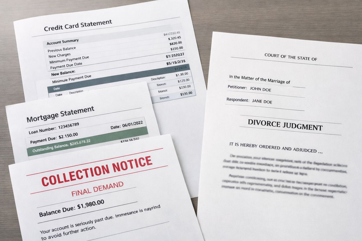 A close-up of a credit card bill, a mortgage statement, and a collection notice spread beside a divorce court judgment document, showing that the account paperwork still remains separate from the court order and that the lender can still pursue payment.