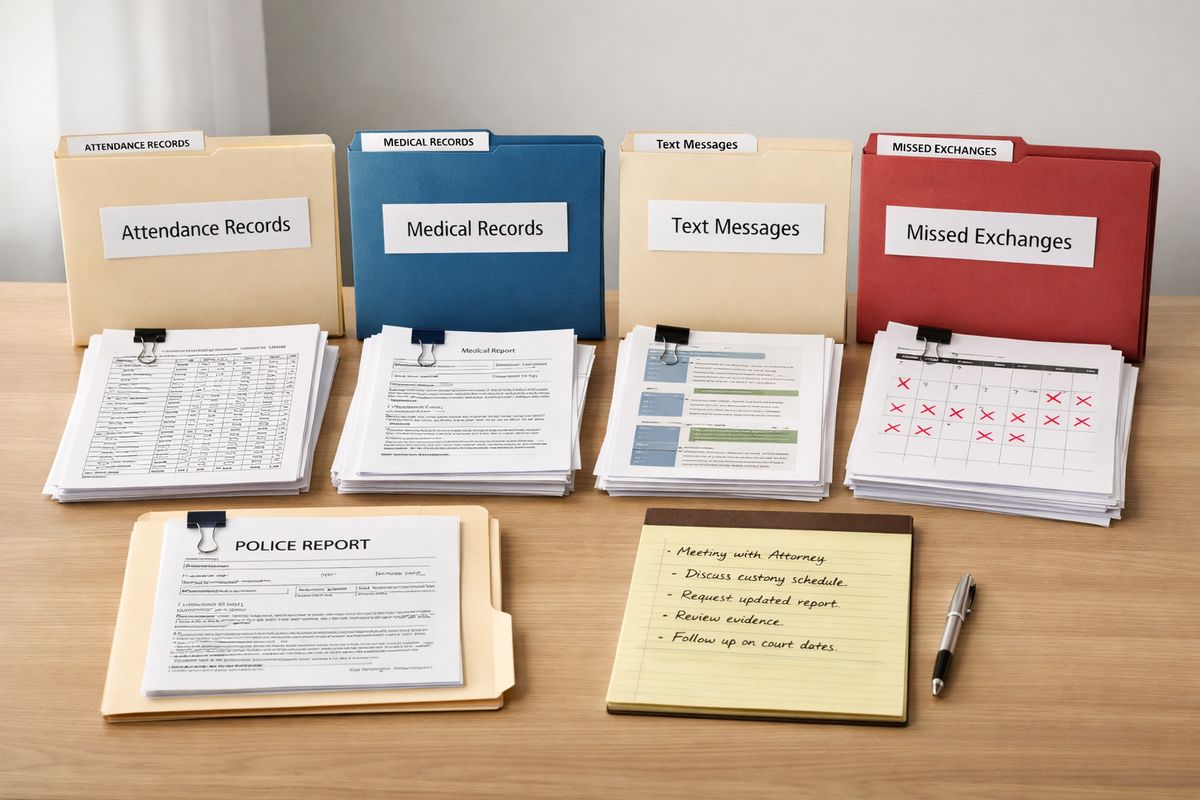 A table covered with organized custody evidence including attendance printouts, medical records, printed message screenshots, a calendar marked with missed exchanges, a police report, and a legal pad with handwritten notes, all arranged in labeled folders and clipped stacks