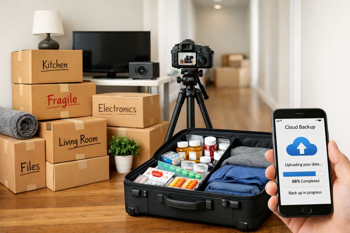 A staged moving scene in a hallway with labeled moving boxes, a camera on a tripod photographing furniture and electronics, a suitcase with medications and clothing, and a phone screen showing cloud backup in progress, reflecting careful preservation of property and records during the move.