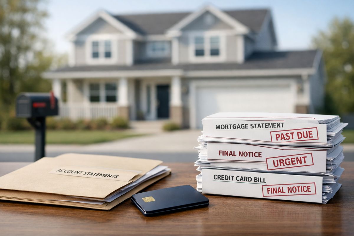 A family house in the background with a mailbox and driveway, while in the foreground a stack of unpaid mortgage and credit card bills sits next to a closed credit card and a paper folder of account statements, showing the risk of still being tied to the debt after divorce