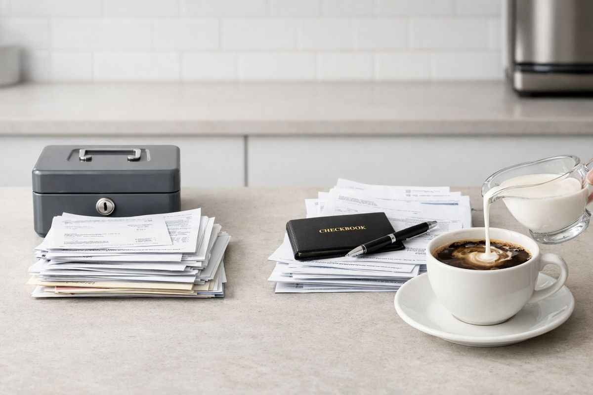A kitchen counter with two clearly separated piles of documents and financial records, one pile arranged beside a small locked cash box and the other beside a joint checkbook and mixed bank statements, with a jar of cream swirling into a cup of coffee nearby to suggest commingling