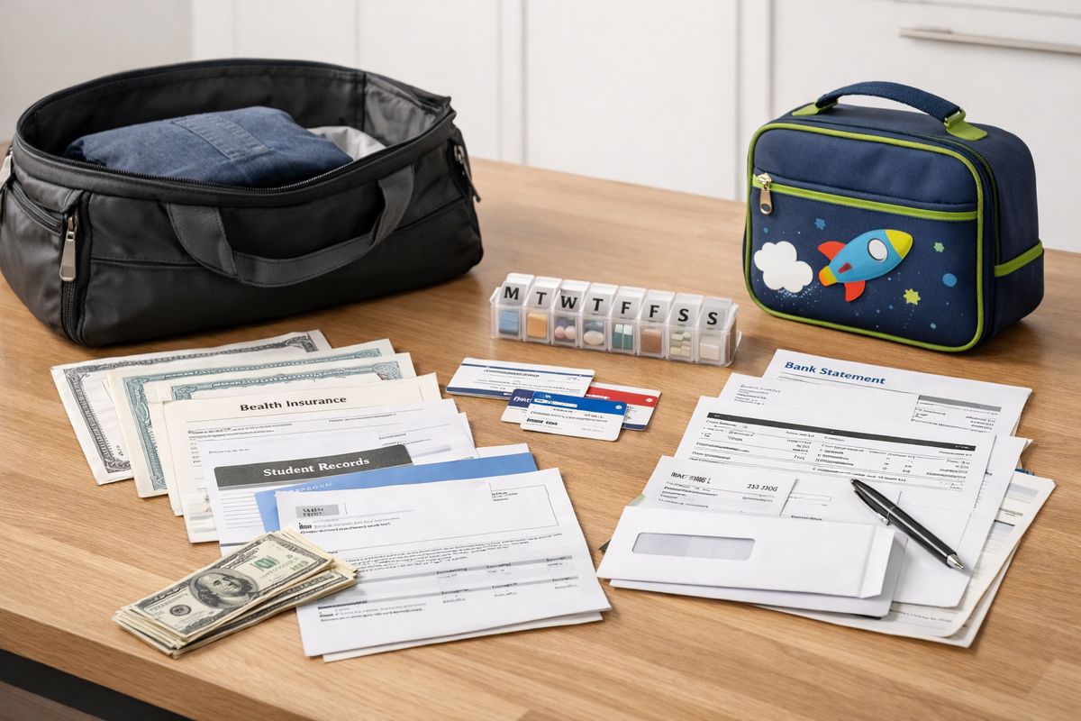 A kitchen table covered with carefully gathered family paperwork, including birth certificates, insurance cards, school records, a medication organizer, pay stubs, and bank statements, alongside a half-packed overnight bag and a child’s lunchbox, showing someone preparing important documents before leaving home.
