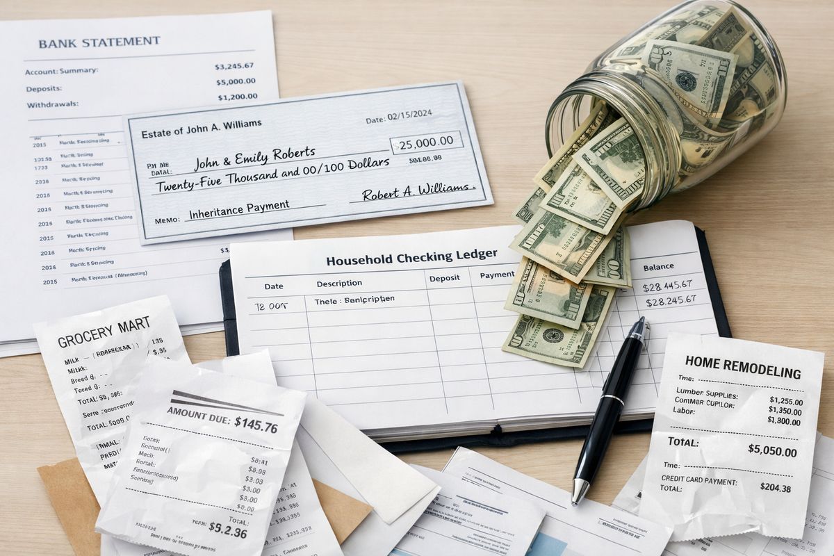 A bank statement, an inheritance check, and a jar of cash being poured into a shared household checking ledger beside receipts for groceries and a home remodel, with some bills and receipts mixed together to show commingled funds