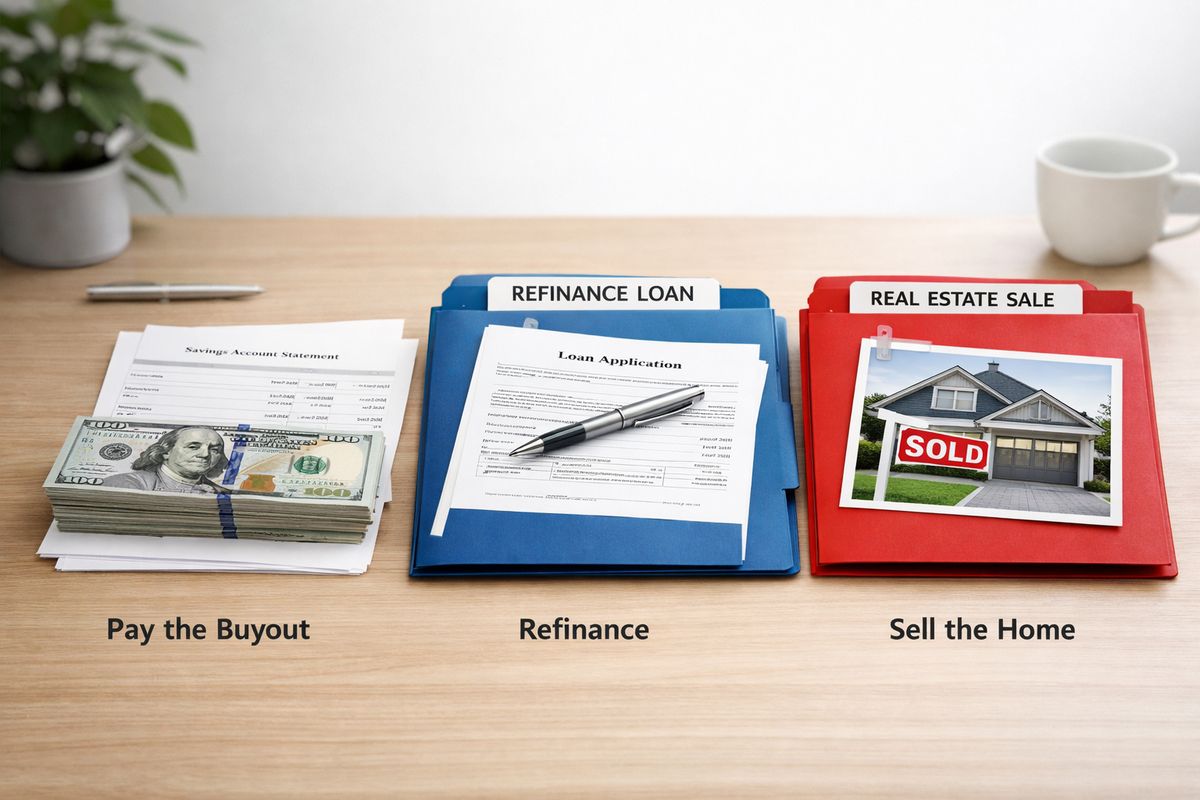 A row of three options on a desk: a stack of cash and savings account statements, a folder of refinance loan papers, and a real estate sale file with a sold house photo, showing the choice between paying the buyout, refinancing, or selling the home
