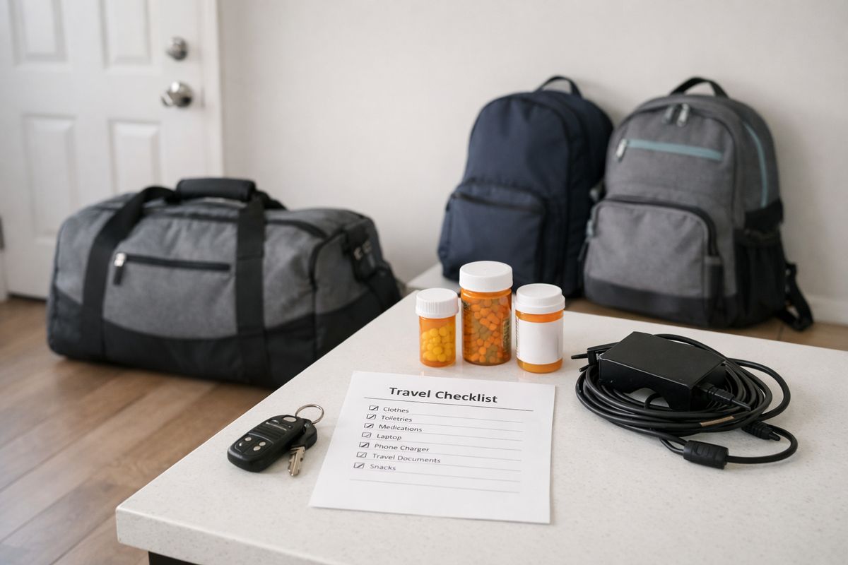 A packed duffel bag beside a front door with medication bottles, a laptop charger, car keys, school backpacks, and a printed checklist on a counter, ready for a quiet early-morning departure