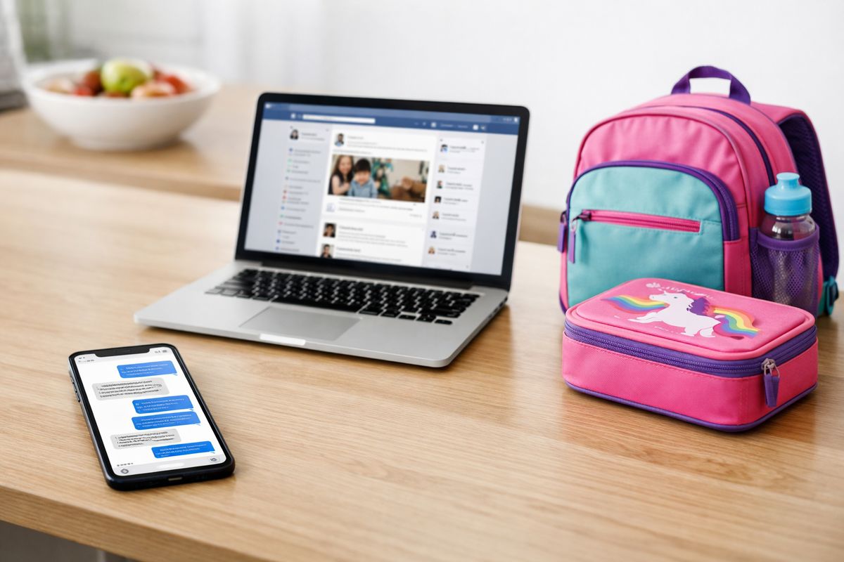 A kitchen table covered with a phone showing a long text message thread, a laptop open to a social media feed, and a child’s backpack and lunchbox nearby, suggesting a tense co-parenting situation being discussed at home.