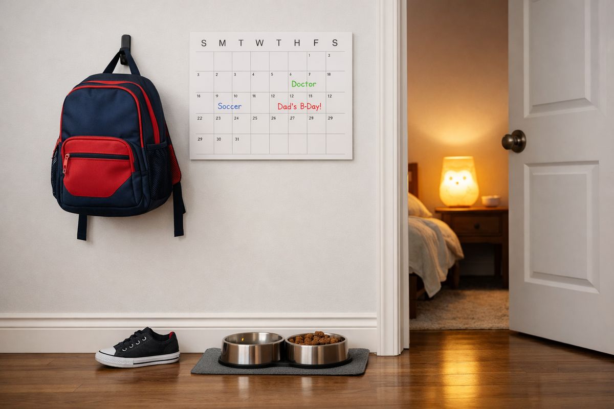 A family home hallway with a child’s backpack hanging by the door, a calendar on the wall, a bedtime lamp glowing in a bedroom doorway, and small everyday items like a school shoe and a dog bowl suggesting routines that will stay the same