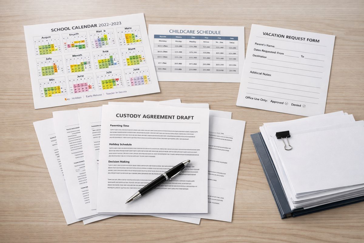 A tabletop covered with printed pages of a custody plan draft, a pen, a highlighted school calendar, a childcare schedule, a vacation request form, and neatly stacked reference documents arranged for editing and comparison