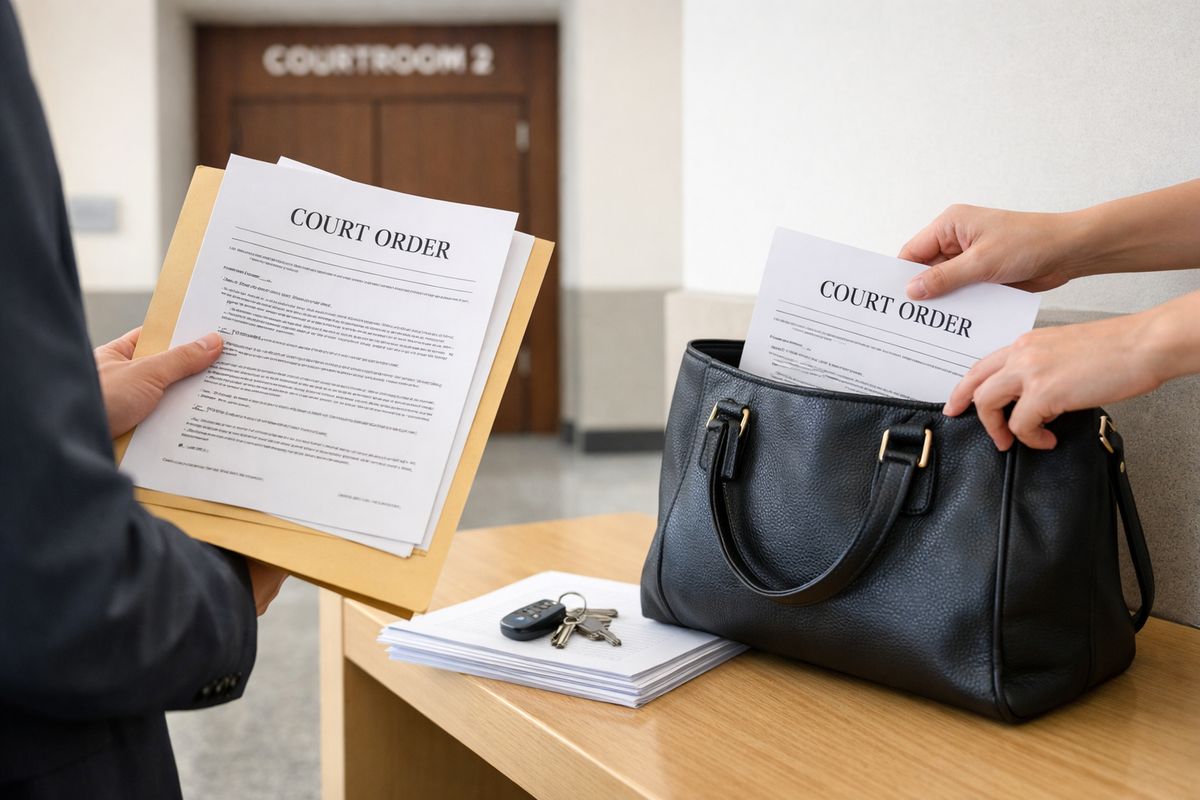 A courthouse hallway outside a courtroom where a person holds a manila folder and a multi-page court order, with another copy being placed into a handbag while a set of keys and a stack of papers rest on a bench nearby