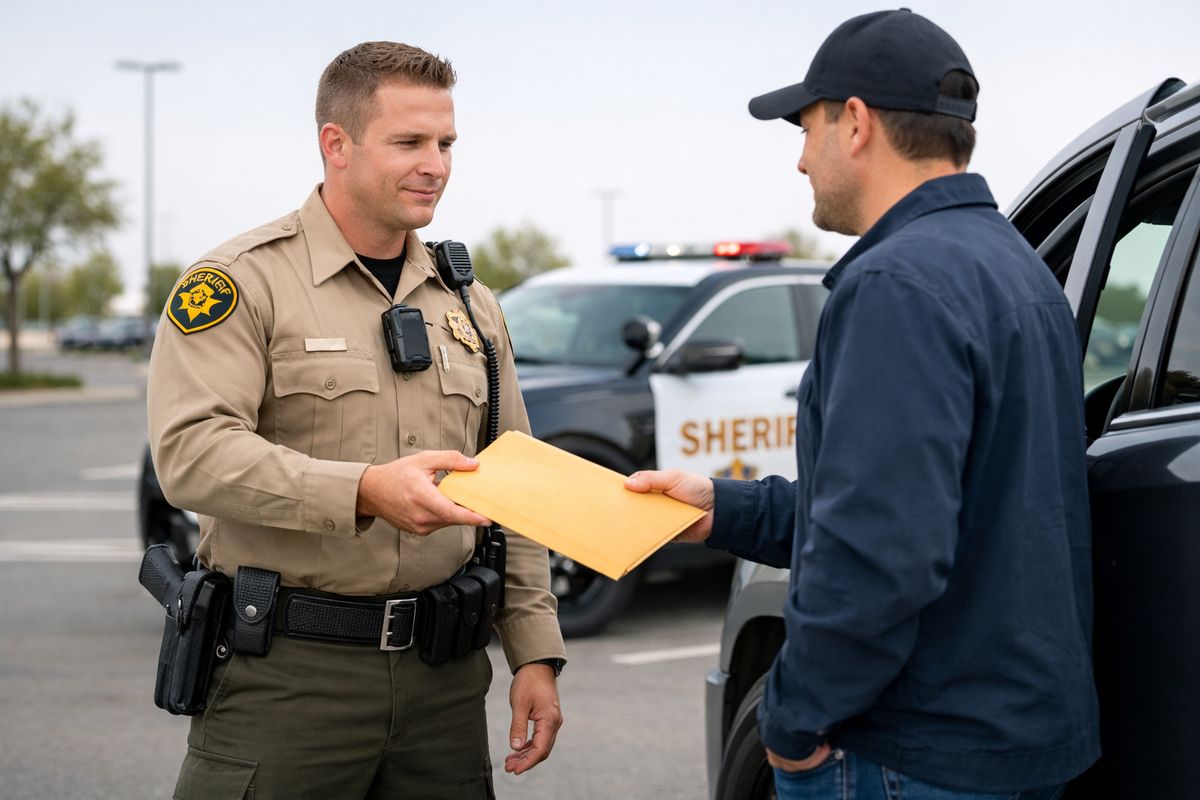 A sheriff’s deputy in a parking lot handing a sealed document packet to a person standing beside a parked vehicle, with another deputy’s patrol car visible nearby