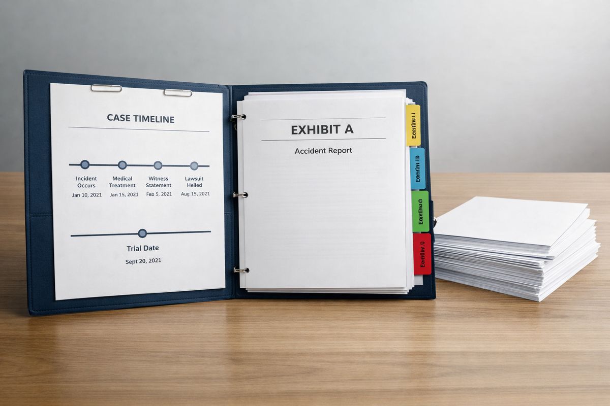 A courthouse-ready folder laid open on a table with a timeline page in front, followed by neatly stacked exhibits separated by tab dividers and extra paper copies beside it