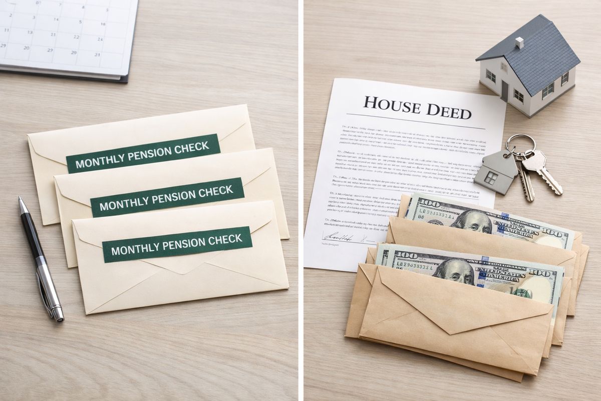 A split tabletop scene showing one side with a pension payout illustration as recurring monthly check envelopes and the other side with a house deed, a set of keys, and stacked cash envelopes, representing the different ways a pension can be divided or offset with other property.