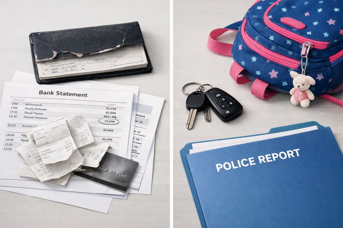 A split tabletop scene showing a damaged checkbook, bank statements, a child’s backpack, and a set of car keys beside a police report folder, representing abuse, hidden spending, and parenting concerns that can affect divorce outcomes