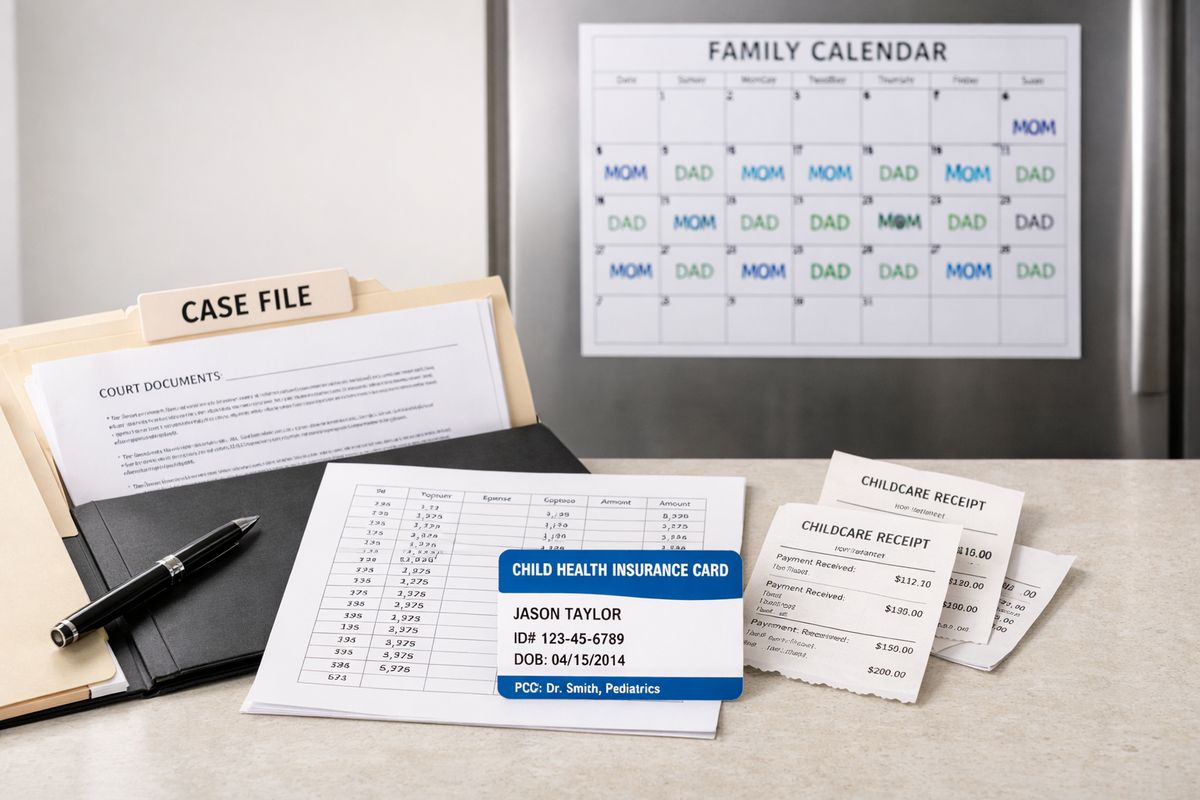 A legal case file open beside a printed worksheet with rows of numbers, a child health insurance card, receipts from childcare payments, and a family calendar marked with alternating overnights on a refrigerator in the background.