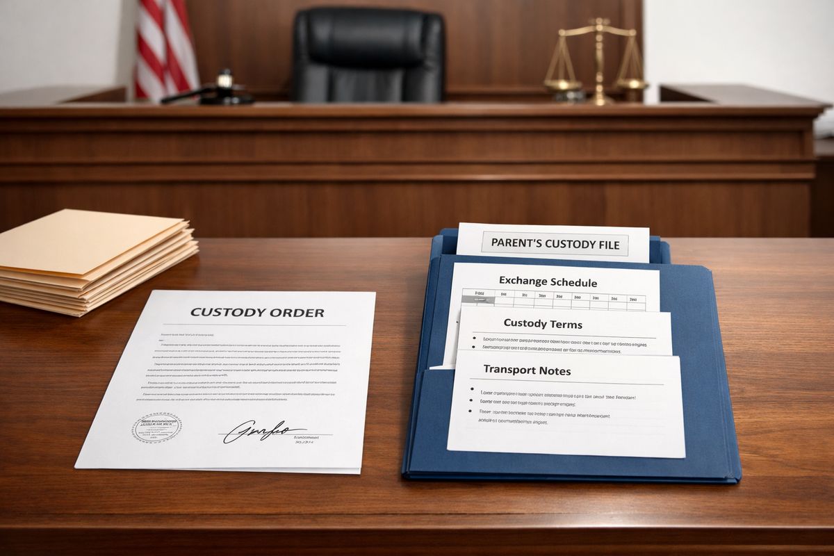 A courtroom table with a signed custody order laid flat beside a stack of manila folders, a judge’s bench in the background, and a parent’s folder of exchange schedules, custody terms, and transport notes arranged as if the final decision has just been handed down